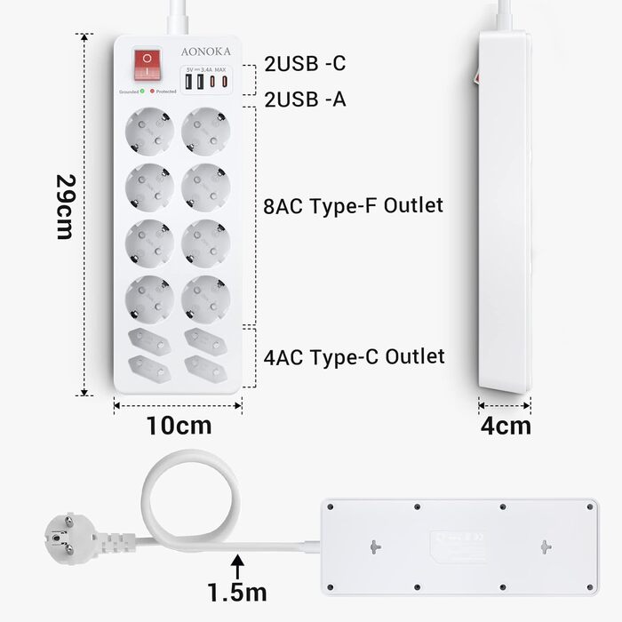 Мережевий фільтр 12-разовий з USB-C, перенапруження до 1700 Дж, з вимикачем, 4 USB-порти, 10 розеток, чорний, для кріплення на стіну, 1,5 м