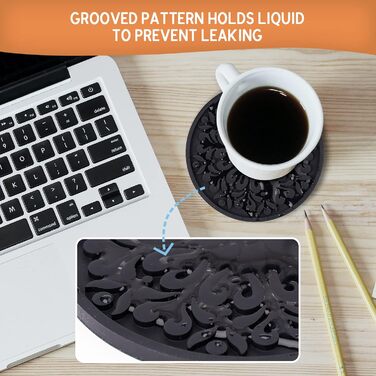 Drink Coasters, Silicone Coasters with Holder, Set of 8, Boho Style Grooved Pattern, Table Protector Coffee Coasters for Desk, Kitchen, Bar, Machine Washable & Heat Resistant