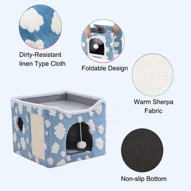 Будиночок-лежанка для кота ERNAN з когтеточкою та іграшкою, розкладний, синій, S