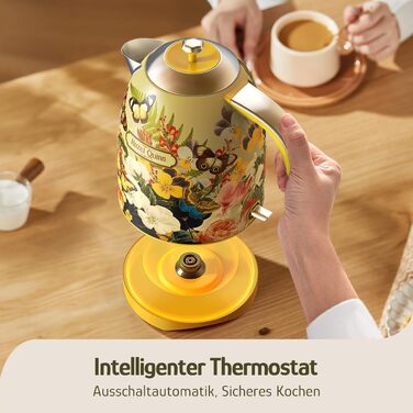 Електричний чайник Hazel Quinn Schneller 1.7л, 2200W, нержавіюча сталь 304, швидкий кип'ятіння, автоматичне вимкнення, захист від сухого кип'ятіння, вінтажний дизайн, BPA-free, перловий білий (жовтий з квітковим візерунком)