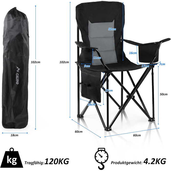 Складний туристичний стілець Caliyo: зручний, міцний, для кемпінгу, відпочинку на природі та дому. Витримує до 120 кг. Різні кольори.