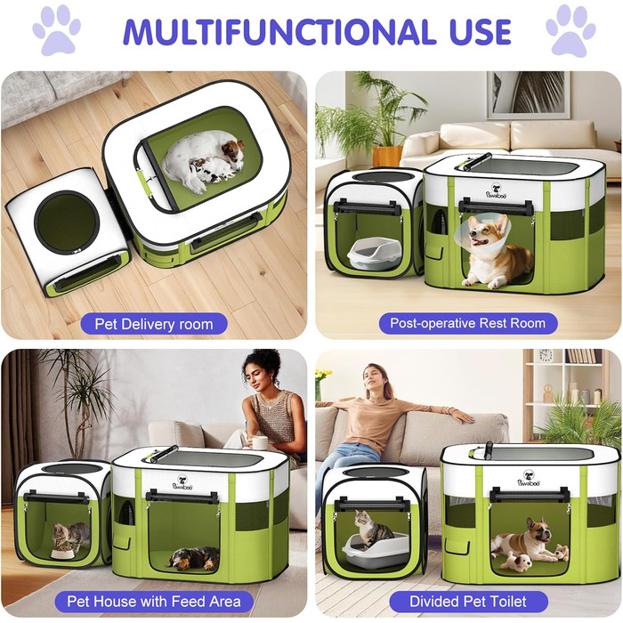 Pawaboo Розкладний вольєр для тварин, переносна клітка для собак та котів, зелений, 90x70x60 см