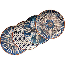 MÄSER 934019 Iberico Blue Large round placemats in Moorish style with 4 different patterns, white-blue decorative plates in a set of 4, also ideal as pizza plates and serving plates, stoneware placemat set