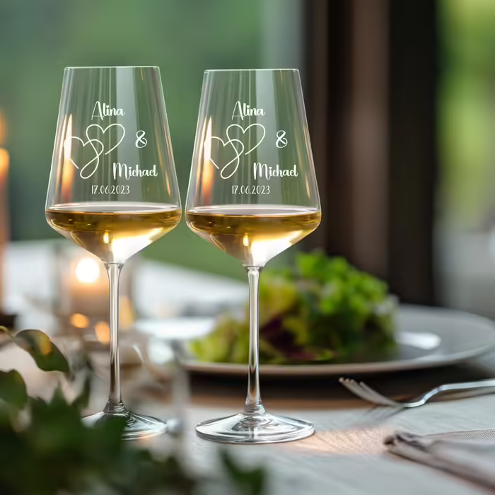 Engraved Max Leonardo Wine Glasses Set of 2 with Wooden Box and Engraving for Him & Her. Only Love Matters. Personalized with Name & Date. Heart-Shaped Glass Leonardo Puccini 560ml