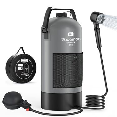 Сонячний душ для кемпінгу на 20 літрів з насосом, сумка та душ для відпочинку, подорожей та туризму (сірий)