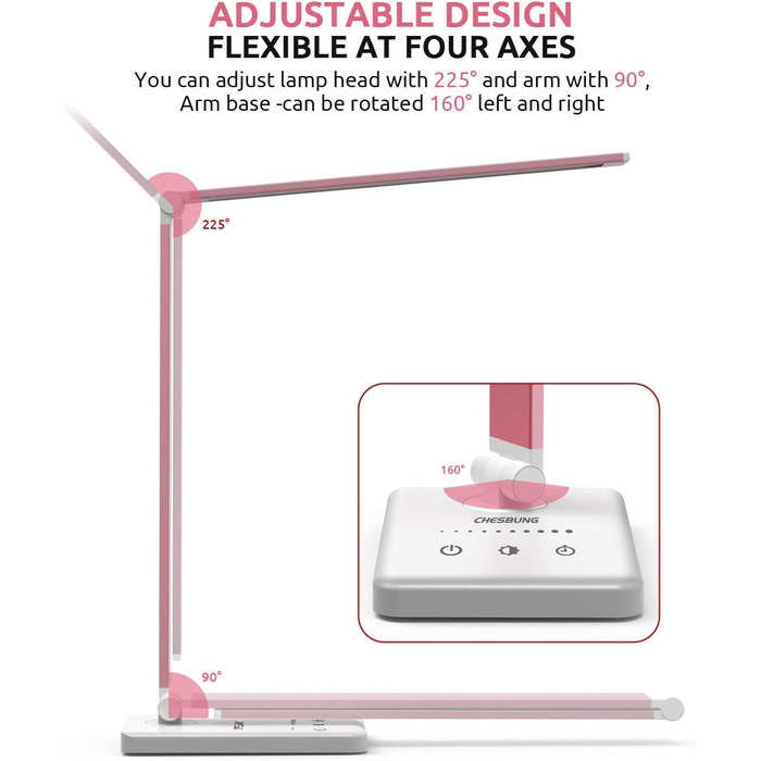 LED лампа настільна дитяча регульована рожева з акумулятором 2500mAh, 5 кольорів, 10 рівнів яскравості, сенсорне управління, складана