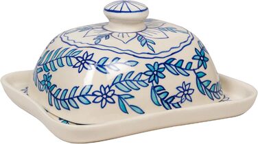 Ceramic Butter Dish with Lid, Colorful, Hand-Painted (Little Blue Flower)