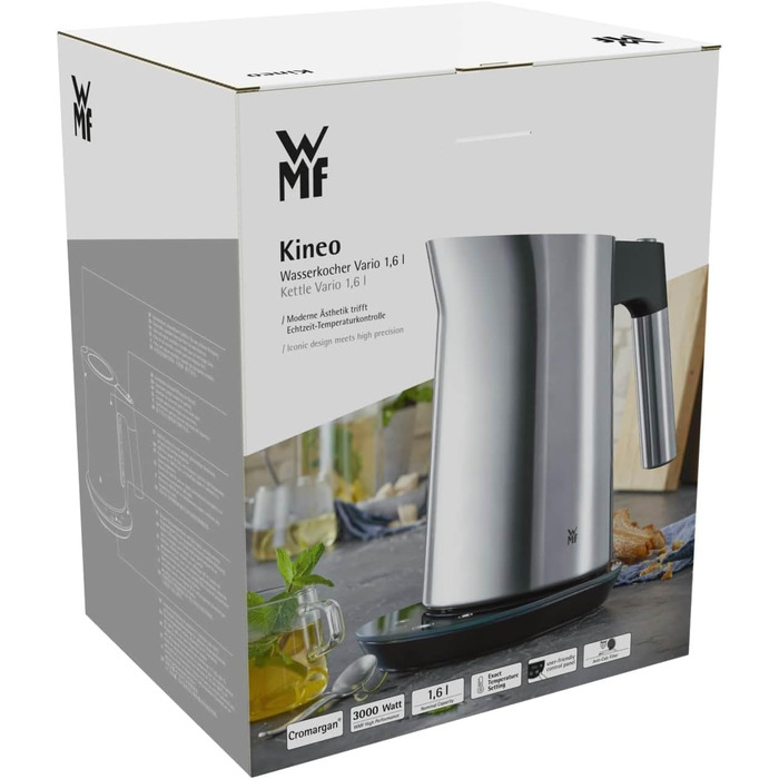 WMF Kineo Kettle with Temperature Setting, 1.6L, Scale Filter, 3000W, Live Temperature Display, Stainless Steel Matte Electric Kettle, Cromargan Single
