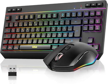 Бездротовий комплект клавіатури та миші RedThunder 75% QWERTZ RGB з підсвічуванням, для ПК Xbox PS5, чорний. Підтримка мультимедійних функцій та оптичний сенсор 7D.