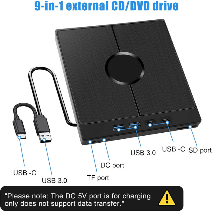 Зовнішній CD/DVD привід USB 3.0 Type-C з картридером SD/TF, портативний CD/DVD записувач для ноутбука, ПК, MacBook (Windows, macOS, Linux)