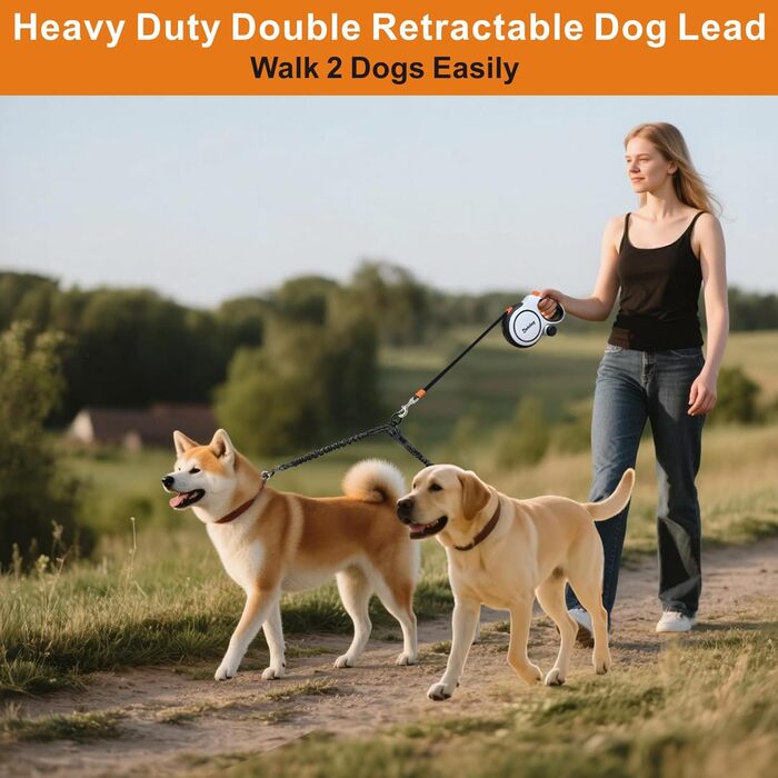 Висувна поводок для собак, рулетка з подвійним повідком, безпечна застібка, поводок для собак середніх та великих порід (чорний), 8 метрів