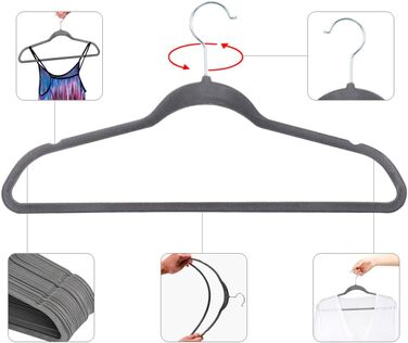 Yaheetech 100-Piece Clothes Hangers Velvet Suit Hangers with Non-Slip Surface, Closet Hangers, Anti-Slip, Space-Saving, 360° Swivel Hook, 0.5cm Thick, Gray