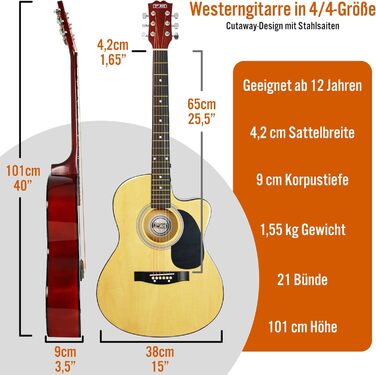 Акустична гітара 3rd Avenue 4/4 з каподастром, Cutaway, для початківців – набір з чохлом, ремінком, медіаторами та запасними струнами