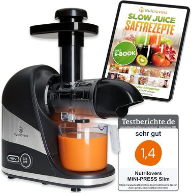 Nutrilovers Slow Juicer Extractor for Fruits and Vegetables - German Brand - Compact Stainless Steel Design, 100% BPA-Free, Easy Cleaning - Includes Recipe E-book + Nutri-App Black Berry (Black)