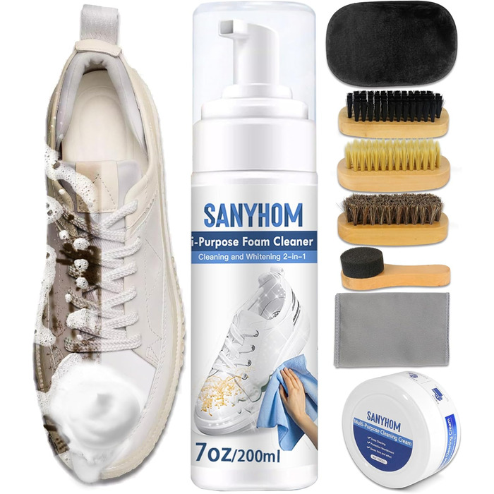 SANYHOM Sneaker Cleaner Set 8 in 1, Sneaker Cleaning Set for Sneakers and Shoes, Premium Sneaker Cleaner Shoe Cleaning Set with Brush, Shoe Cleaning Cream, and Towel for White Shoes, Athletic Shoes