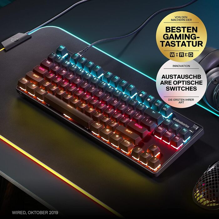 SteelSeries Apex 7 - Механічна ігрова клавіатура з OLED дисплеєм - QWERTZ (оптичні перемикачі, TKL, американська клавіатура)