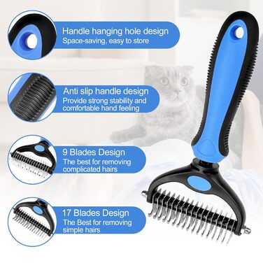 Щітка для собак з довгою шерстю з нержавіючої сталі, двостороння, 17+9 зубців, підходить для котів, проти ковтунів, отвір для підвішування в ручці