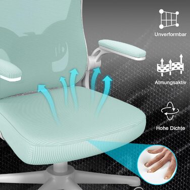 Офісний стілець Naspiro з регульованими підлокітниками, ергономічний, з сітчастою спинкою, підтримкою попереку, регульованою висотою, м'яким сидінням, поворотний на 360°, (зелений, з підголовником)