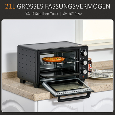 HOMCOM Mini Oven 21L, 3 Cooking Modes, 100°C-230°C, 1400W, Stainless Steel & Glass, Black+Silver, 46.4x38x28.5cm | Aosom