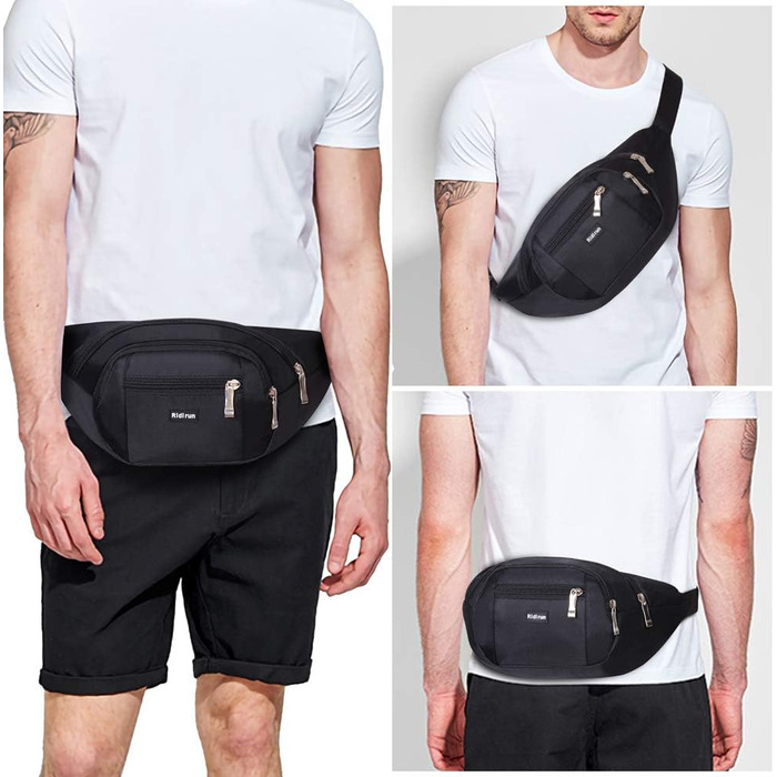 Водонепроникна поясна сумка на пояс, сумка на стегно для жінок та чоловіків, 3 кишені на блискавці, для піших прогулянок, відпочинку на природі, спорту, подорожей, чорна