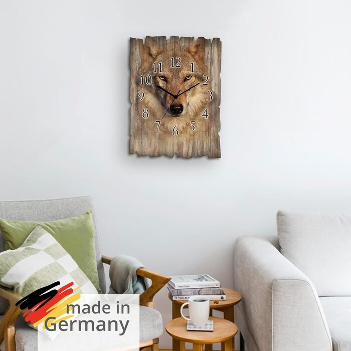 ARTLAND Wall Decor Wall Clock without Ticking Sounds, Wood, 30x40 cm, Rectangular, Silent, Nature, Animals, Forest Landscape, Original, Nordic, T5YP (Wolf, Radio Clock)