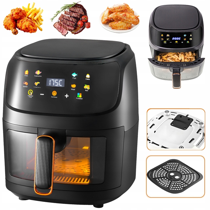Аерофритюрниця 2400 Вт, 8 л, 8 програм, LED-сенсорний екран, чорна
