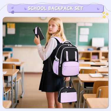 Дитячий рюкзак для школи для дівчаток: Kawaii рюкзак з великою місткістю (3-частинний набір, чорний та фіолетовий)
