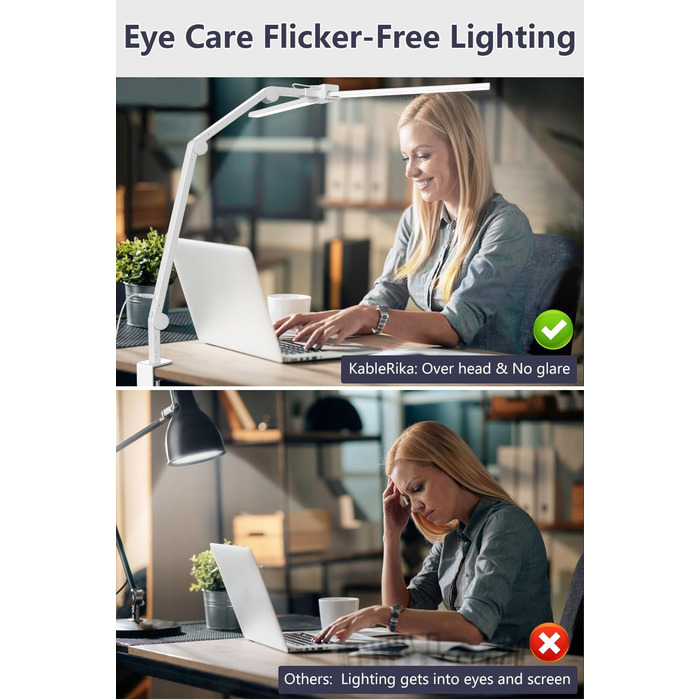 KableRika LED Desk Lamp - Dimmable 24W 80cm Dual-Head Desk Lamp with Clamp, 1200lm Eye Protection, Adjustable Gooseneck, Monitor Light, Daylight Lamp, Auto-Dimming (White)