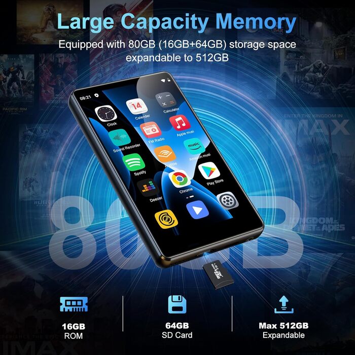 MP3 плеєр SWOFY 80GB з Bluetooth та WiFi, 4.0