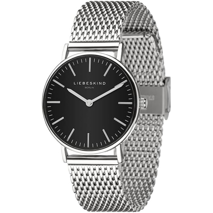 Годинник жіночий LIEBESKIND BERLIN – круглий кварцовий, 34 мм, сітчасте браслет, водостійкий 5 ATM, сучасний та елегантний, доступний у різних кольорах (срібло / чорний)