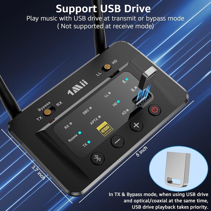 Bluetooth 5.3 трансмітер та ресивер 1Mii B03S для телевізора та стереосистеми