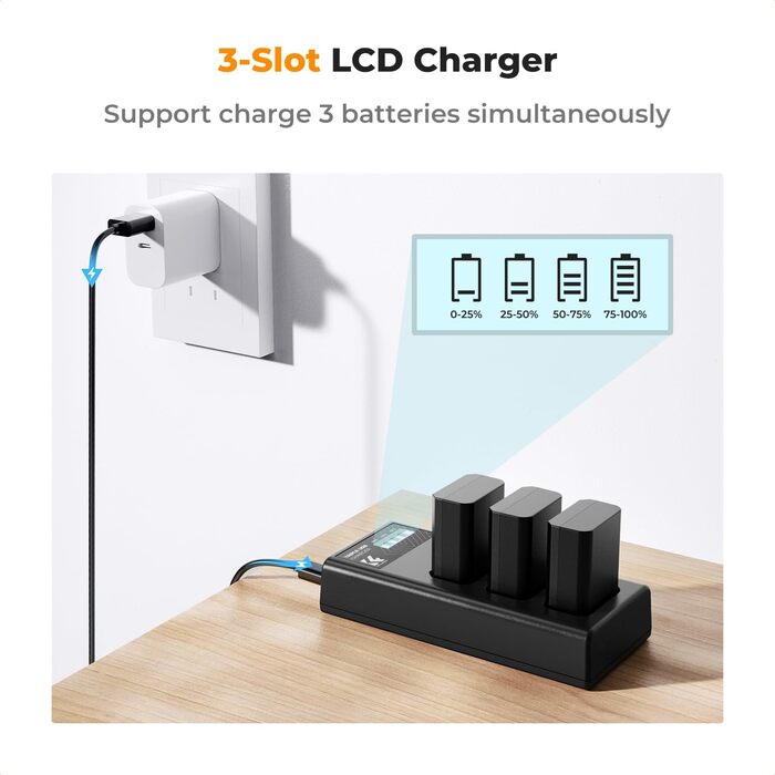 Акумулятор K&F Concept NP-FW50 1100mAh (3 шт.) з трьохслотним LCD зарядним пристроєм для Sony ZV-E10, Alpha A6000, A6300, A6400, A6500, A5000, A5100, a7, a7II, a7R, a7RII, a7S, a7SII