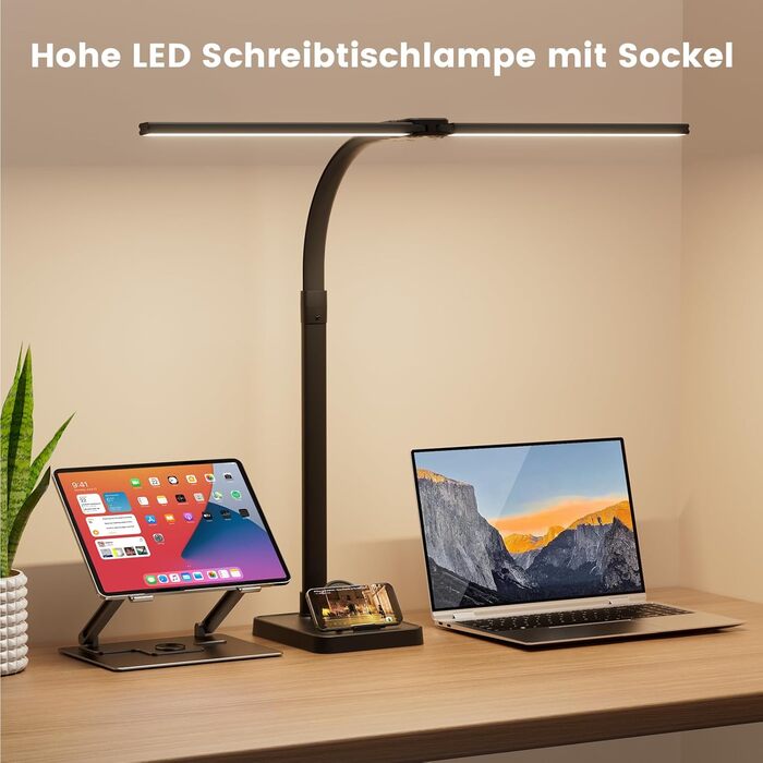 APMIEK LED Настільна лампа для офісу та дому, 24W, 76 см, з регульованим кутом нахилу, 3200K-6500K, захист для очей, чорна з підставкою
