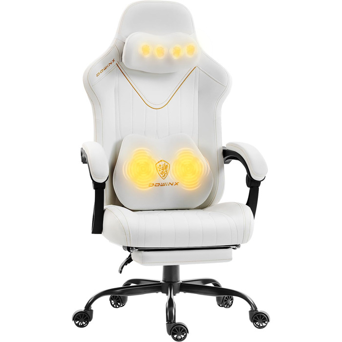 Ігровий крісло Dowinx з масажем, ергономічний дизайн, підтримка попереку та шиї, до 135 кг, шкіра, для дорослих (білий)