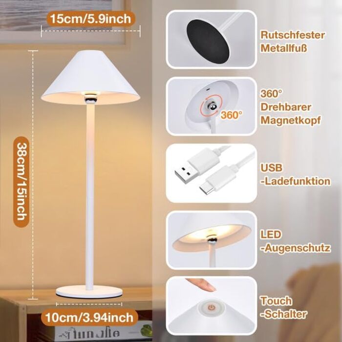 Світлодіодний акумуляторний настільний світильник Rosnek з магнітним кріпленням, димуванням, 3 режими кольору, 4000 mAh, для дому та вулиці (2 в упаковці, білий)
