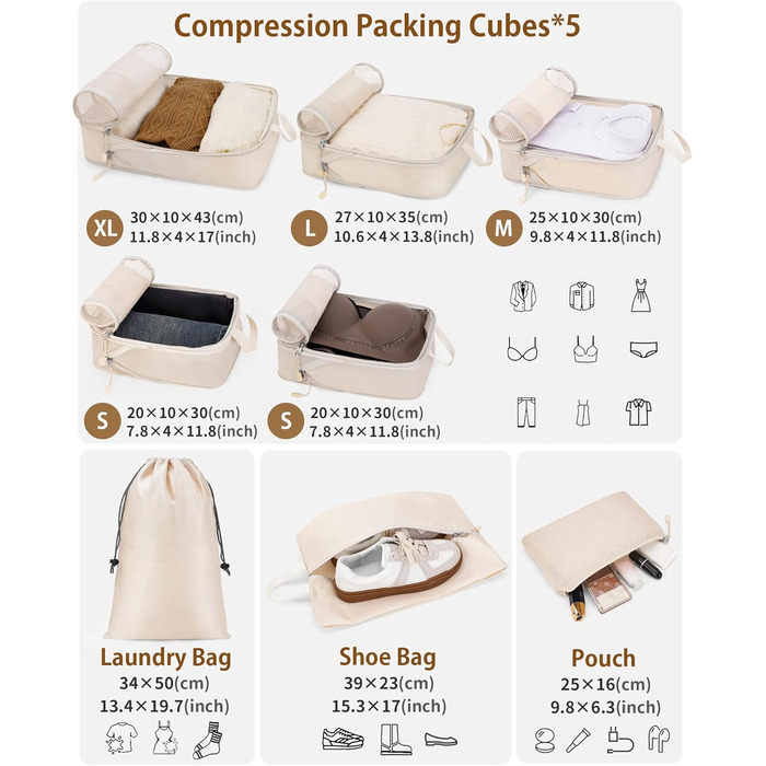 Органайзери для валізи Anjing Compression Cubes - 10 шт., компресійні куби для подорожей, сірий (бежевий)