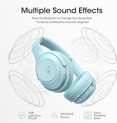 DOQAUS Бездротові Bluetooth навушники з мікрофоном, 70 годин роботи, Bluetooth 5.3, Over-Ear, 3 режими EQ, HiFi, складні, для (блакитний)