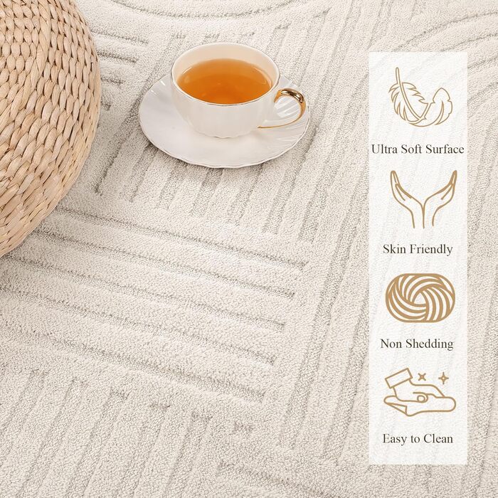 Килим для вітальні 160x230 см, великий пухнастий з коротким ворсом, миючий, сучасний, з 3D ефектом, неслизький, для їдальні, кухні, спальні, бежевий