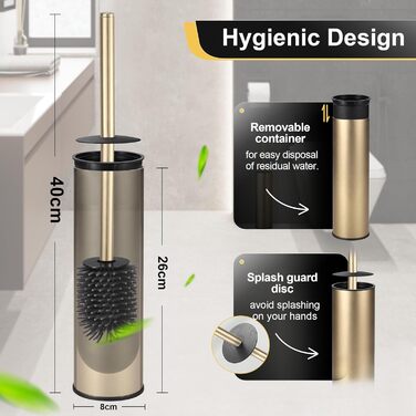 Підлогова щітка для унітазу DAZI з металевим покриттям, матова, з 2 довгими щітками для глибокого очищення, запобігає розбризкуванню та затримці води. (Бурштяне золото)