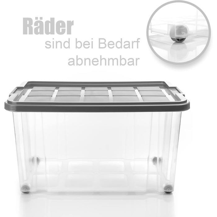 BigDean 4-Piece 60L Storage Box with Lid, Large Steel Grey - Stackable, Robust Box, BPA-Free - Rollable Storage Box with Secure Click Closures - Made in Germany