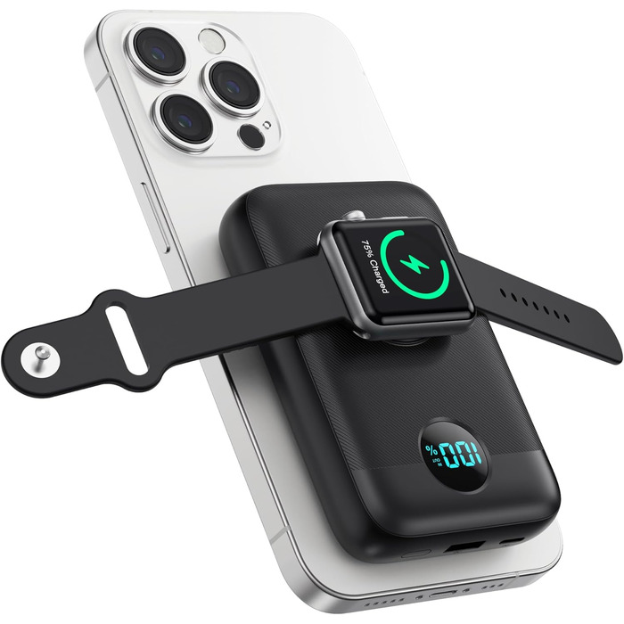 Power Bank магнітний 10800mAh з підтримкою MagSafe, 4-в-1, з зарядкою для Apple Watch, QC4.0+PD 22.5W USB-C, швидка зарядка, LED-дисплей, чорний