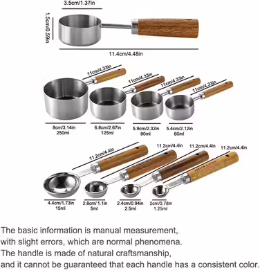 8-Piece Silver Measuring Cup Set and Measuring Spoon Set with Scale, BRIIEC Wooden Handle, Stainless Steel, Dry and Liquid Measuring Cups for Cooking, Baking