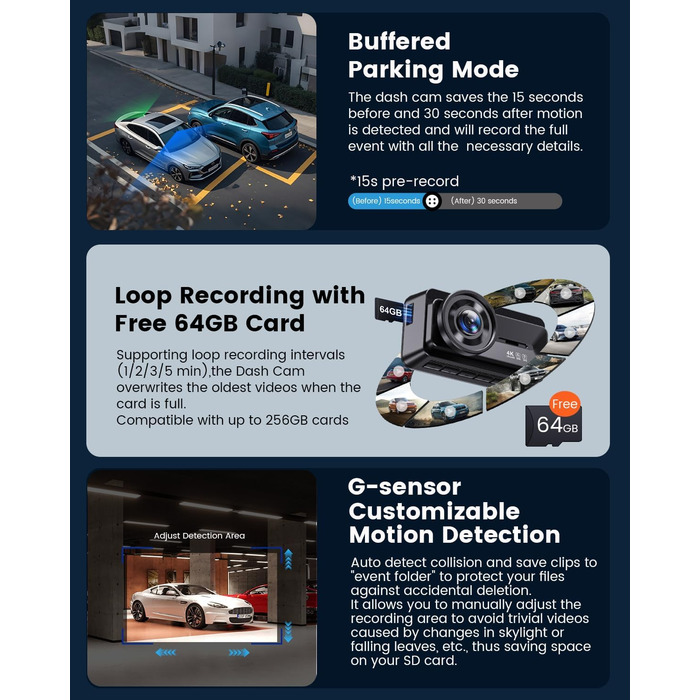 Відеореєстратор COOLCRAZY Dashcam Auto: 4K UHD, Dual камера, GPS, WiFi, 64GB SD-карта, IPS 3