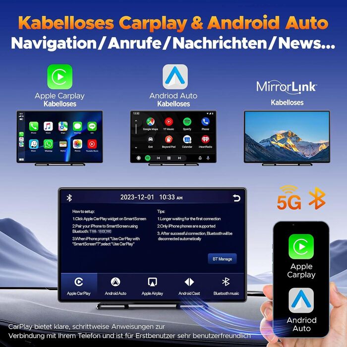 Volam автомобільна магнітола з 9'' IPS, бездротовий CarPlay та Android Auto, Bluetooth 5.0, FM, AUX, підтримка Siri та Google, портативний дисплей