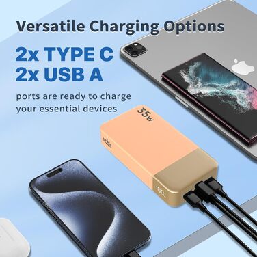 Power Bank Nobis 20000mAh з LED дисплеєм, 35W USB-C, 4 порти, для MacBook, iPhone 15, Samsung S23 (Зелений/Оранжевий)