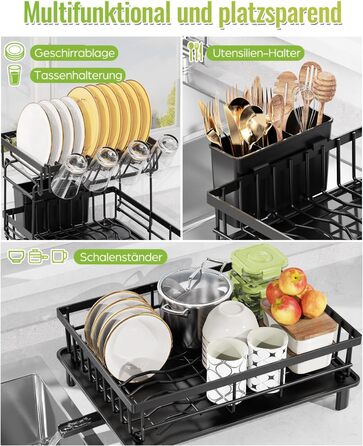 LIONONLY Dish Drying Rack, Large 2-Tier Dish Drying Rack with Drip Bowl, Stainless Steel Dish Drying Rack with Utensil Holder, Beverage Holder, and Swivel Spout, Dish Drying Stand Kitchen