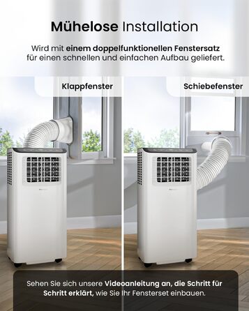 Мобільний кондиціонер Pro Breeze™ 9000 BTU 4-в-1: охолоджувач, вентилятор, осушувач, нічний режим, клас енергоефективності A, комплект для ущільнення вікна, пульт ДК та таймер 24 години, білий