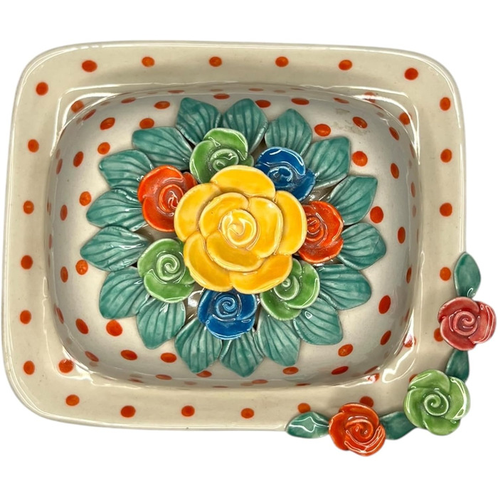 Ceramic Butter Dish with Lid, Colorful, Hand-Painted (Polka Dot Roses)