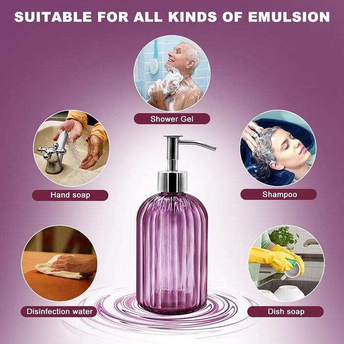 Набір з 2 скляних дозаторів для мила з помпою, 400 мл, для мила, шампуню, лосьйону, багаторазові, для кухні, ванної, пральні (фіолетовий)