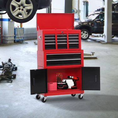 HOMCOM Workshop Trolley with Tool Box, Empty and Lockable Tool Trolley with 6 Drawers, Cupboard Compartment, Anti-Slip Mats, 2 Keys, Tool Cabinet Metal Red+Black | Aosom